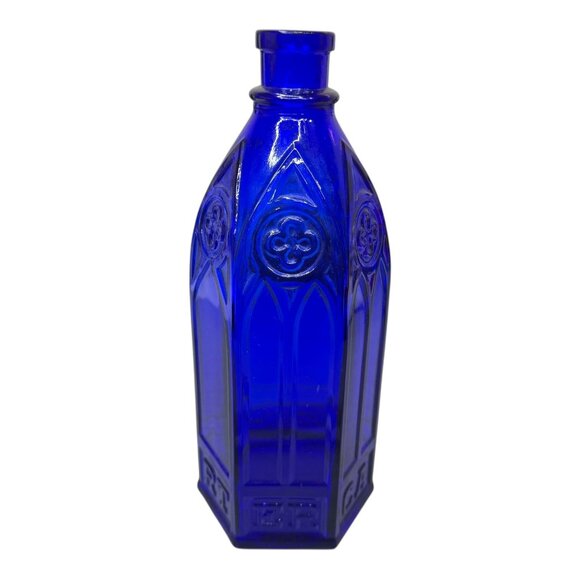 Carters Cathedral Cobalt Blue Embossed Glass Bottle Hexagon Quart Gothic Design - Picture 4 of 7